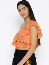 Load image into Gallery viewer, One shoulder frill printed crop top