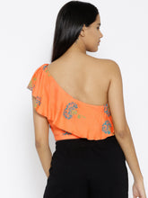 Load image into Gallery viewer, One shoulder frill printed crop top