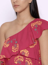Load image into Gallery viewer, One shoulder frill printed crop top