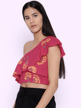 Load image into Gallery viewer, One shoulder frill printed crop top