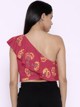 Load image into Gallery viewer, One shoulder frill printed crop top