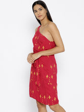 Load image into Gallery viewer, One shoulder overlap cross tie Printed Dress