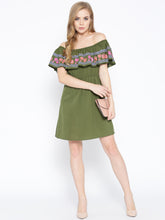 Load image into Gallery viewer, Off shoulder mini dress with print on the frill