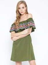 Load image into Gallery viewer, Off shoulder mini dress with print on the frill