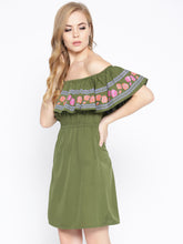 Load image into Gallery viewer, Off shoulder mini dress with print on the frill