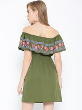 Load image into Gallery viewer, Off shoulder mini dress with print on the frill