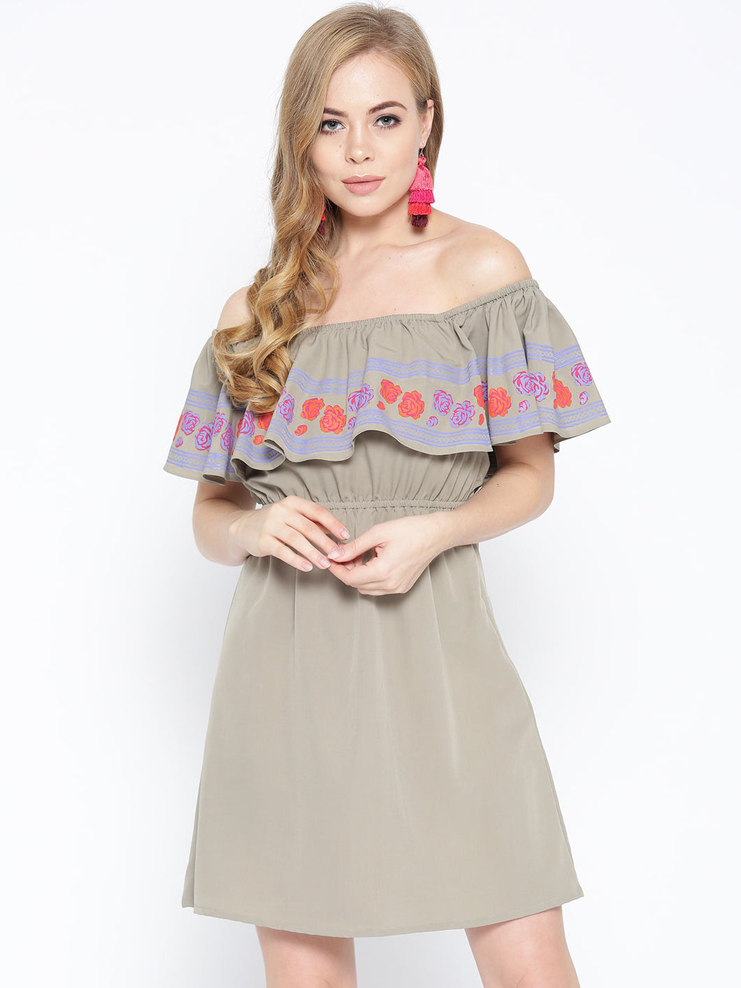 Off shoulder mini dress with print on the frill