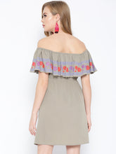 Load image into Gallery viewer, Off shoulder mini dress with print on the frill