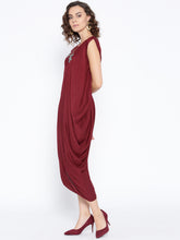 Load image into Gallery viewer, One side cowl asymettric dress with side floral print