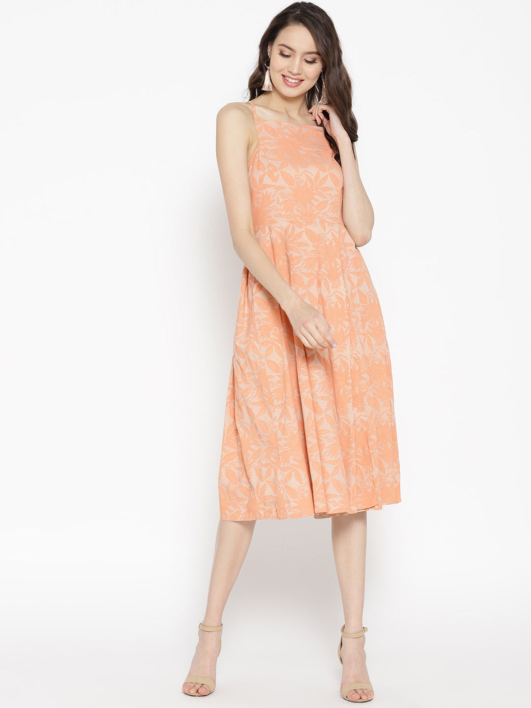 Square neck pleated midi dress