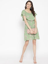 Load image into Gallery viewer, Boat neck Flare yoke with side tie up mini dress