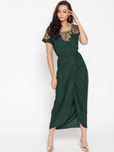 Load image into Gallery viewer, Gold Block Print Front Pleated side cowl dress