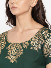 Load image into Gallery viewer, Gold Block Print Front Pleated side cowl dress