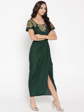 Load image into Gallery viewer, Gold Block Print Front Pleated side cowl dress