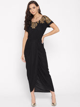 Cargar imagen en el visor de la galería, Gold Block Print Front Pleated side cowl dress