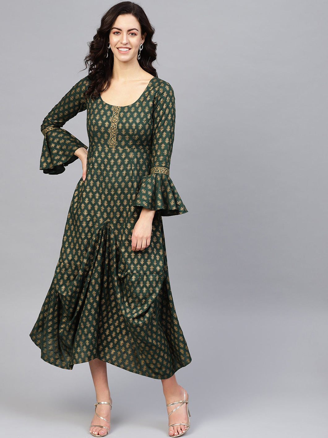 Bell sleeve printed long dress with front drape