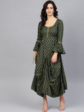 Load image into Gallery viewer, Bell sleeve printed long dress with front drape