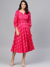 Load image into Gallery viewer, Front neck and waist tucks with baloon sleeve printed dress