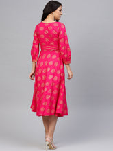 Load image into Gallery viewer, Front neck and waist tucks with baloon sleeve printed dress