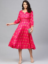 Load image into Gallery viewer, Front neck and waist tucks with baloon sleeve printed dress