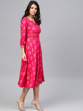 Load image into Gallery viewer, Front neck and waist tucks with baloon sleeve printed dress
