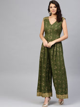 Load image into Gallery viewer, Front loops with flare pleated pants printed jumpsuit