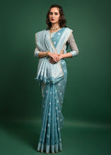 Load image into Gallery viewer, Firozi Blue Chikankari Woven Chanderi Cotton Saree