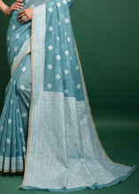 Load image into Gallery viewer, Firozi Blue Chikankari Woven Chanderi Cotton Saree