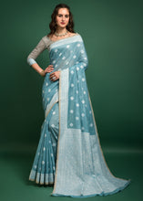 Load image into Gallery viewer, Firozi Blue Chikankari Woven Chanderi Cotton Saree