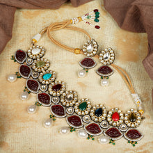 Load image into Gallery viewer, Navratan Color Kundan Necklace Set having Pearls &amp; Stone work