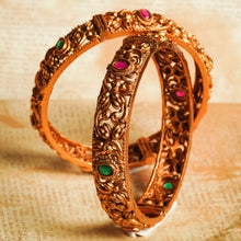 Load image into Gallery viewer, Antique Gold Metal work Pair of Bangles with Stones