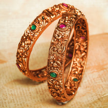 Load image into Gallery viewer, Antique Gold Metal work Pair of Bangles with Stones