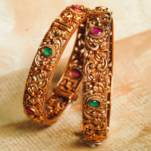 Load image into Gallery viewer, Antique Gold Metal work Pair of Bangles with Stones