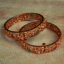 Load image into Gallery viewer, Antique Gold Metal work Pair of Bangles with Stones