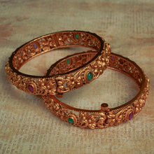 Load image into Gallery viewer, Antique Gold Metal work Pair of Bangles with Stones