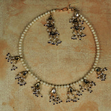 Load image into Gallery viewer, White &amp; Purple Kundan Necklace Set with Hanging Earrings
