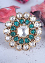 Load image into Gallery viewer, White &amp; Green Kundan Adjustable Ring Having Stone work