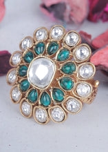 Load image into Gallery viewer, White &amp; Green Kundan Adjustable Ring Having Stone work