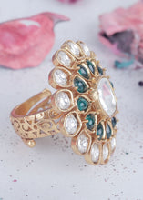 Load image into Gallery viewer, White &amp; Green Kundan Adjustable Ring Having Stone work