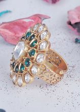 Load image into Gallery viewer, White &amp; Green Kundan Adjustable Ring Having Stone work