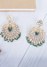 Load image into Gallery viewer, Green &amp; White Kundan Chanbali Earrings Having Beads work