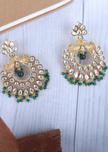 Load image into Gallery viewer, Green &amp; White Kundan Chanbali Earrings Having Beads work