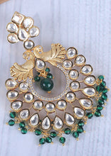 Load image into Gallery viewer, Green &amp; White Kundan Chanbali Earrings Having Beads work