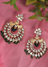 Load image into Gallery viewer, Green &amp; White Kundan Chanbali Earrings Having Beads work
