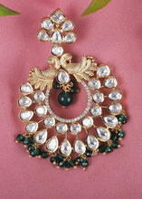 Load image into Gallery viewer, Green &amp; White Kundan Chanbali Earrings Having Beads work
