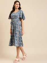 Load image into Gallery viewer, Cape sleeve printed midi dress with waist tie up
