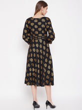 Load image into Gallery viewer, Front neck and waist tucks with baloon sleeve printed dress