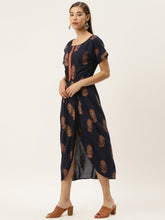 Load image into Gallery viewer, Gold Block Print Front Pleated side cowl dress