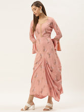 Load image into Gallery viewer, Bell sleeve printed long dress with front drape