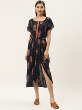 Load image into Gallery viewer, Gold Block Print Front Pleated side cowl dress